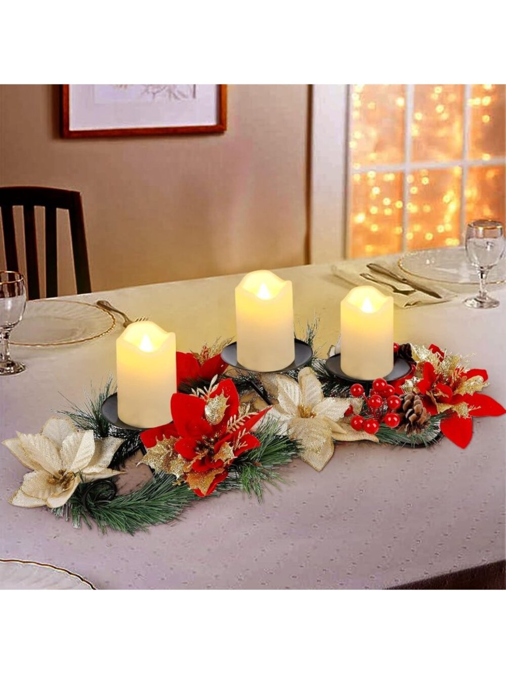 New Christmas Centerpiece, Poinsettia Tabletop with 3 Flameless Candles